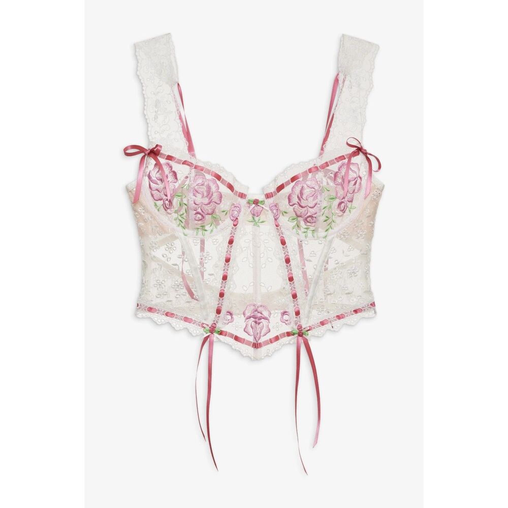 NWT For Love & Lemons Rose Milk Embroidered Pink Eyelet Bustier XS